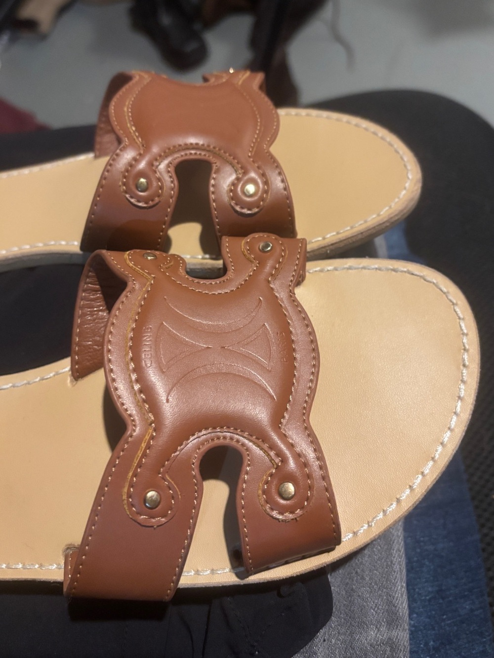 Celine Tan and Brown Calfskin Leather Slide Sandals - Picture 2 of 7